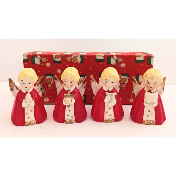 RARE 1950s Japan Ceramic Christmas Angel S/4 Figural Candle Holders Original Box - Picture 1 of 16
